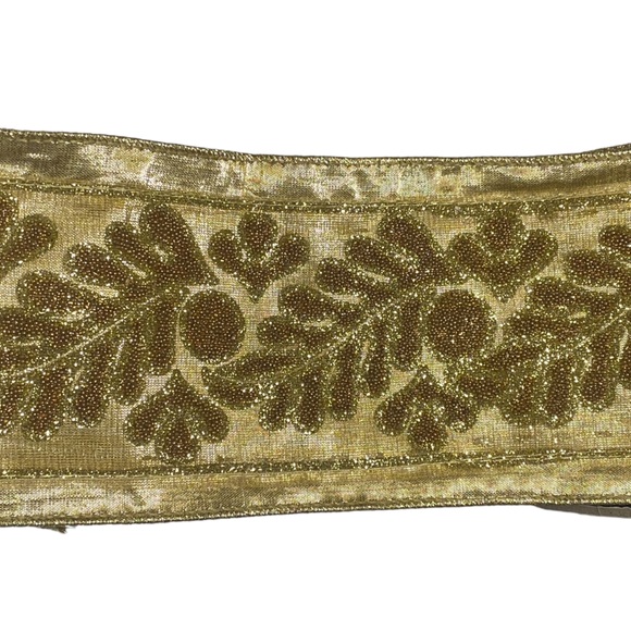 D. Steven’s gold beaded leaf embroidered wire ribbon wide sheer holiday wreath - Picture 5 of 7